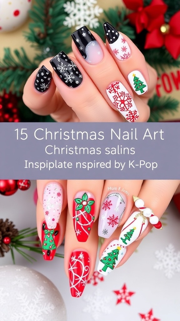 K-Pop inspired Christmas nail art with festive designs and colors.
